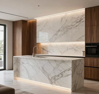 Luxury modern interior renovation project in Portugal featuring fine marble, high-end woodwork, soft refined lighting, showcasing high architectural quality.
