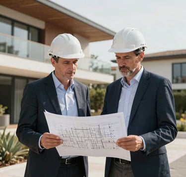 A European Portuguese engineer and architect reviewing structural engineering plans on an elegant luxury residential site in Portugal, professional attire, soft daylight.