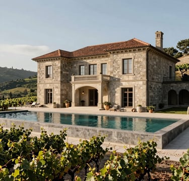 A luxurious countryside manor in Douro valley, Portugal, featuring infinity pool over vineyards, elegant stone facade, and modern architectural detailing under soft natural sunlight.