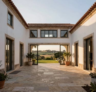 Architectural photograph of an exclusive historic Portuguese quinta with modern renovated interiors, expansive stone courtyard, and scenic country view. High-end luxury real estate aesthetic in European Portuguese countryside with warm afternoon light.