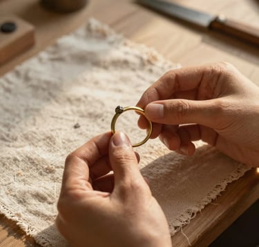 A close-up photograph of an artisan's workbench in Rennes, Western Europe / Brittany, France. Gently illuminated by the warm golden light of late afternoon, hands hold a half-finished brass ring with a tiny, raw natural stone. The background features textured linen fabrics in soft ivory and warm beige. Warm, organic, poetic bohemian atmosphere.