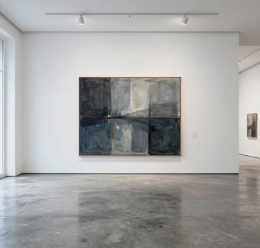 A wide-angle shot of a minimalist white-walled gallery in a modern Latinoamericano / Español urban space. The scene features a single large-scale abstract painting, immaculate lighting, and polished concrete floors. The atmosphere is quiet, elite, and vanguard, reflecting a palette of charcoal grey and soft grey-blue.