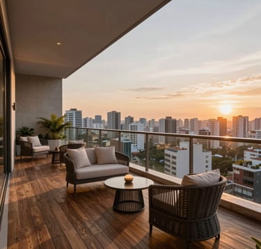 A luxury balcony view of a high-end condominium in São Paulo. Wooden decking, designer outdoor furniture, and a view of the sunset over the city. Elegant and serene atmosphere.