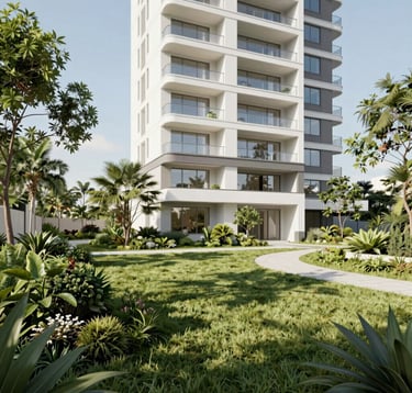A professional architectural rendering of a high-end condominium development site, showing lush landscaping and a white modern facade. Bright, clean daytime lighting. South American / Brazilian premium real estate style.