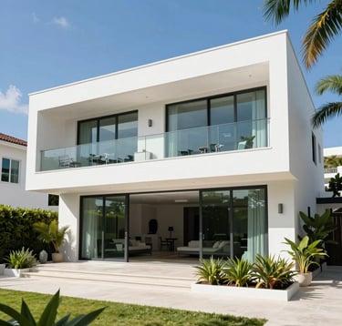 Exterior shot of a luxury villa in an upscale Alphaville neighborhood. The architecture features clean white lines and large glass panels, set against a bright blue sky and vibrant tropical greenery. The composition is clean and inviting.