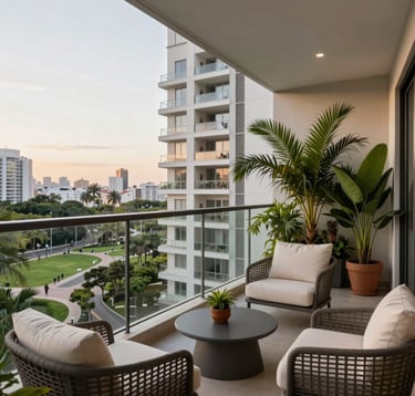Spacious balcony of a high-end Brazilian apartment, comfortable outdoor furniture with cream textiles, potted lush tropical plants, view of a public park, late afternoon soft lighting.