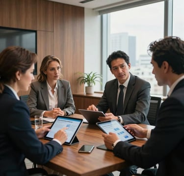 A professional and sophisticated scene of a business meeting in a high-end corporate office in São Paulo. Brazilian professionals are discussing real estate plans over digital tablets. The room features modern wooden furniture and large windows with a soft daylight, emphasizing trust and expertise.