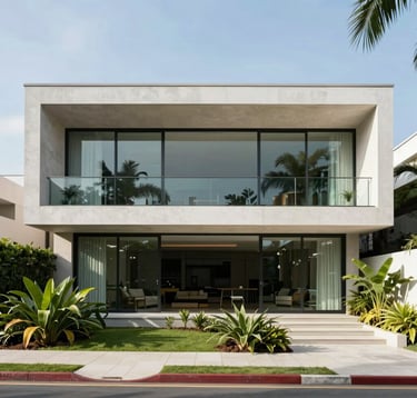 An architectural photograph of a contemporary luxury house facade in Alphaville during the day. Clean geometric lines, large glass panels, and lush tropical landscaping. Bright, airy, and sophisticated South American / Brazilian vibe.