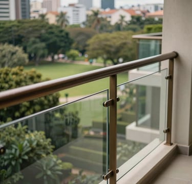 A close-up photograph of a luxurious balcony view overlooking a green park in Alphaville, featuring modern glass railings and bronze-toned metal finishes. Natural morning light. South American / Brazilian upscale residential setting.