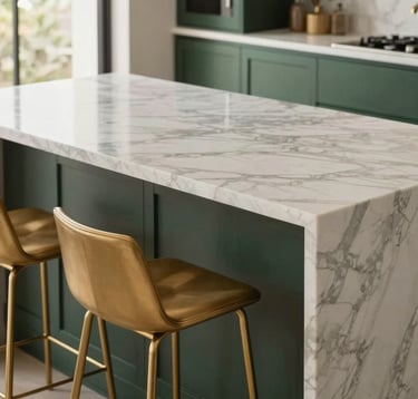 Close-up of a designer kitchen island with marble top, elegant gold bar stools, dark green wooden cabinets, soft natural light, clean and sophisticated Brazilian interior design.