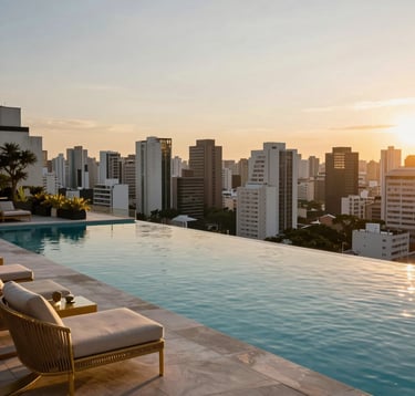 A lifestyle photograph of a luxury infinity pool on a rooftop, overlooking the city skyline of Sao Paulo. Gold accents on the outdoor furniture. Sunset lighting. South American / Brazilian cosmopolitan feel.