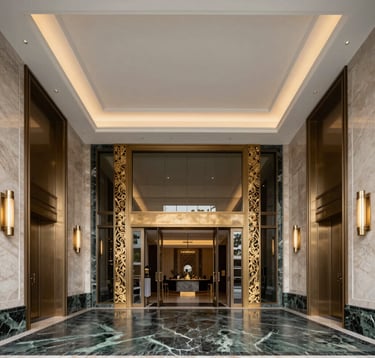 A photography of a sophisticated building entrance hall with double-height ceilings, dark green marble floors, and gold decorative elements. Minimalist and clean aesthetic. South American / Brazilian luxury interior.