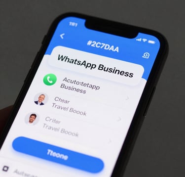 A close-up of a high-tech smartphone screen showing a professional WhatsApp Business interface with an automated chatbot assisting a customer with a travel booking. Sleek, modern, tech-focused design with #2C7DA0 and #F9FBFB colors.