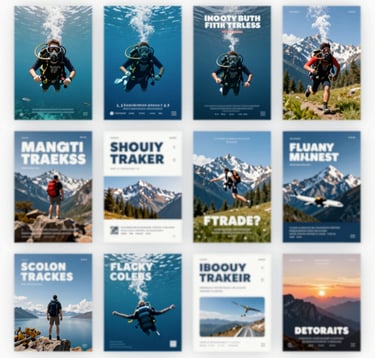 A high-quality collage of travel posters and social media ad creatives. The graphics feature scuba diving, mountain treks, and luxury flight deals, all designed with bold typography and professional travel photography.