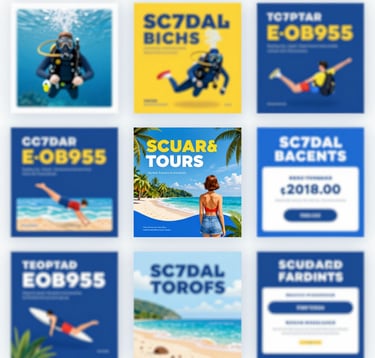 A collection of vibrant, modern digital marketing posters for travel services, including scuba diving, beach tours, and ticket booking, displayed in a professional grid. Clean, bold typography, using the brand colors #2C7DA0 and #E0B95B.