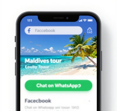 Close up of a smartphone screen displaying a Facebook ad for a luxury Maldives tour, with a 'Chat on WhatsApp' button highlighted. Professional studio lighting, clean brand aesthetic.