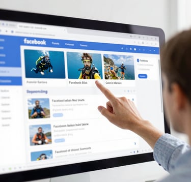 A professional digital marketer pointing at a dashboard of Facebook Ad metrics. On the screen, photos of scuba diving and adventure tourism perform highly. The scene is bright and energetic with clean white walls and blue accents.