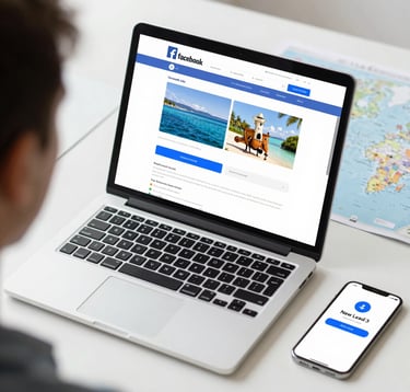 A top-down view of a professional workspace featuring a laptop showing a Facebook Ads dashboard with travel-related graphics, surrounded by travel maps and a smartphone showing a 'New Lead' notification. Bright, clean, professional photography with #2C7DA0 accents.