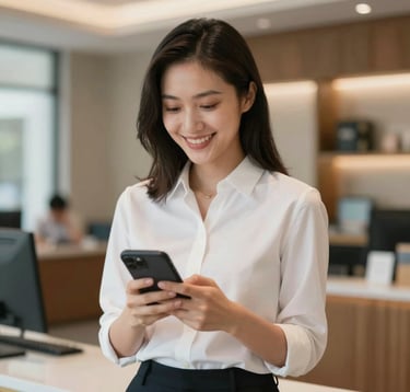 A portrait of a successful travel agent smiling while checking her smartphone, with a background of a modern travel office. The lighting is warm and professional, emphasizing results and empowerment.