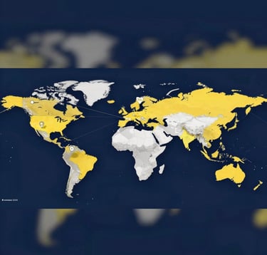 A stylized 3D map with markers and digital connections representing targeted social media marketing across different travel destinations. Sleek, professional aesthetic using the brand palette colors #0F2C3D and #E0B95B.