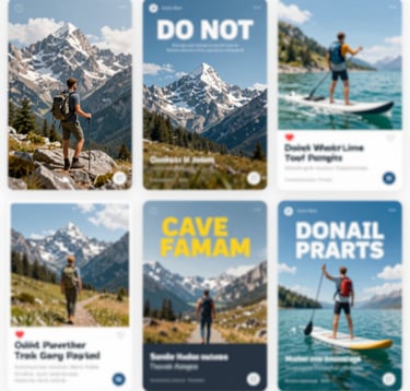 A collage of high-converting social media ad posters for travel agencies: one featuring a luxury mountain trek, another showing a watersports package. Professional graphic design style with bold typography.