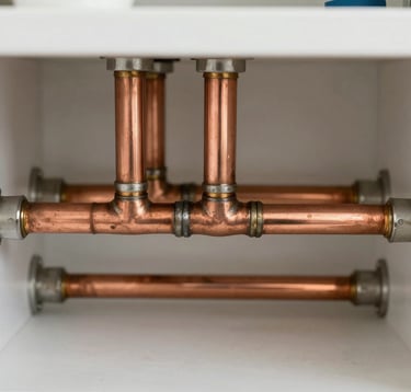 Close-up of copper pipework neatly soldered inside a modern utility closet, clean craftsmanship, bright natural light.