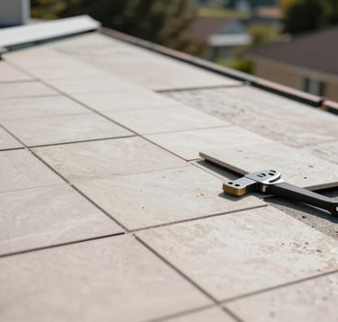 Tight detail shot of clean slate tiles being professionally laid on a residential roof, bright natural daylight.