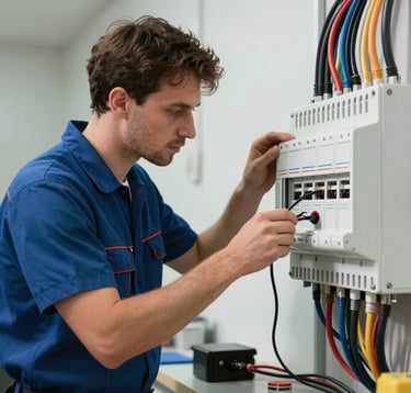 A professional electrician in a clean uniform neatly wiring a modern consumer unit, well-lit workspace.