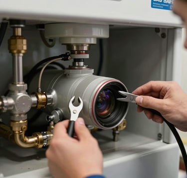 Close-up of a modern boiler unit being serviced by a Gas Safe registered engineer, clean tools visible.