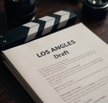 A close-up photograph of a professional screenplay binder with Los Angeles and Draft clearly visible on the cover. Dramatic film noir lighting with high contrast, deep slate and off-white tones, set in a creative studio environment in the US.