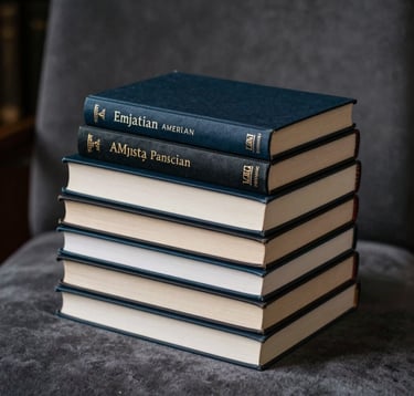A sophisticated still life photography of a stack of hardcover books with elegant typography on the spines, resting on a charcoal grey velvet surface. The lighting is cinematic and moody with deep shadows and soft off-white highlights, North American library setting.