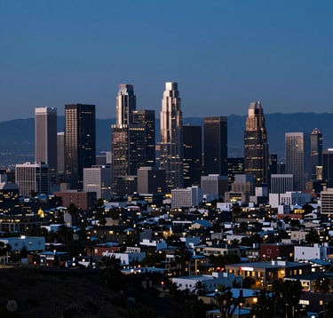 A panoramic view of the Los Angeles skyline at dusk from a Hollywood Hills perspective. Cinematic blue hour lighting captures the high-contrast reality of the North American / US urban landscape in dark navy and muted silver tones.