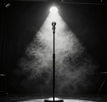 A high-contrast black and white photography shot of a professional stand-up comedy microphone stand on a dark stage in a Los Angeles club, with a singular bright spotlight creating a halo effect in a smoke-filled room, capturing a cinematic and moody atmosphere.