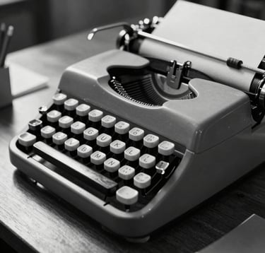 A close-up, high-contrast black and white photograph of a vintage typewriter on a dark wooden desk in a sunlit Los Angeles office. Sharp shadows, elegant composition, capturing a professional writer's workspace with a cinematic feel.