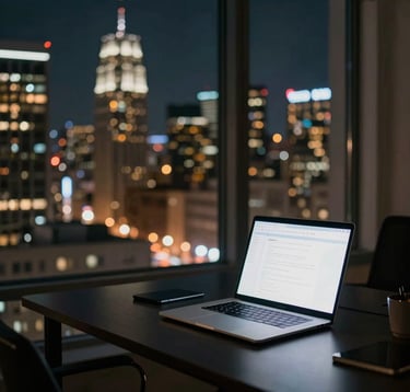 Photography of a contemporary screenwriter's workspace at night in a Los Angeles high-rise. Blurred city lights in off-white and amber are visible through the window, with a glowing laptop screen casting a cool light on a dark desk, North American / US urban aesthetic.