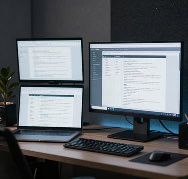 An atmospheric shot of a writer's workstation in a dimly lit North American studio, featuring high-end monitors showing script formatting and complex storyboards, with a cool grey and navy aesthetic and soft blue light emanating from the screens.