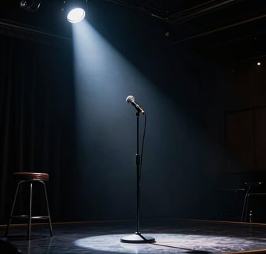 A dimly lit comedy club stage in a North American / US city. A single microphone on a stand sits under a sharp, dramatic spotlight. The atmosphere is moody and cinematic with dark navy shadows and silver highlights.