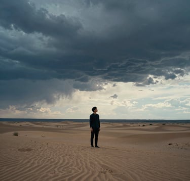 A moody, cinematic photograph of a character standing in a vast North American desert landscape under a heavy, dramatic sky. The style is sophisticated and evocative, with high contrast between the muted blue shadows and a pale off-white horizon.