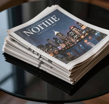 A close-up, cinematic photograph of a stack of prestigious literary journals and newspapers resting on a sleek black glass table, with the reflection of a modern North American city skyline at night visible in the surface, using a dark mode palette of navy and anti-flash white.