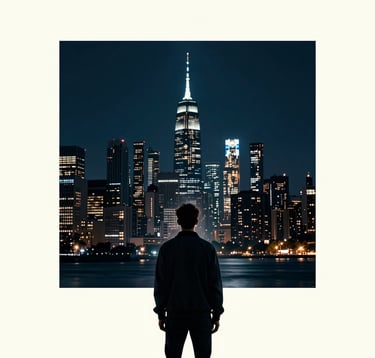 A high-contrast, cinematic book cover aesthetic featuring a lone figure looking at a futuristic North American city skyline at night. Dark blue atmosphere with sharp off-white highlights, moody and professional photography style.