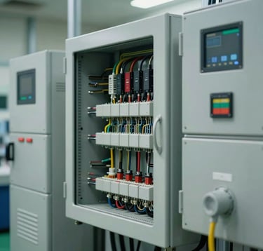 A detailed shot of electrical instrumentation and control systems inside a Malaysian commercial facility. The lighting is crisp and technical, highlighting modern circuitry and professional installation standards.