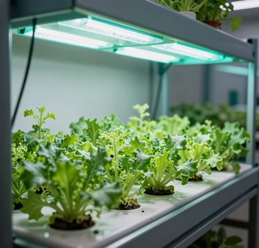 A sophisticated indoor hydroponic and aqua system setup in a Southeast Asian facility, showing vibrant green crops under specialized teal-colored lighting, illustrating advanced agricultural technology.