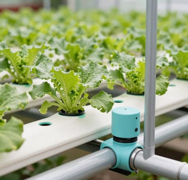 Close-up of a modern Southeast Asian hydroponic farm with vibrant green plants and clean white piping systems. Bright natural daylight illuminates the innovative agricultural setting, using seafoam and light blue accents in the equipment design.