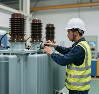 A professional Southeast Asian engineer in a safety helmet and reflective vest working on a large industrial electrical transformer. The setting is a clean, modern facility with steel blue gray and soft ice blue equipment, capturing a moment of high-precision technical service.