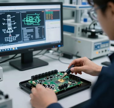 A close-up of a high-tech R&D laboratory workstation in Malaysia, featuring digital schematics on a screen and a prototype circuit board, professional lighting with a focus on precision and innovation.