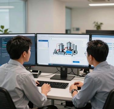 A collaborative scene in a software development studio in Malaysia. Two Southeast Asian professionals discuss UI/UX designs for a new industrial application on large monitors. The office is modern, decorated with off-white and light blue, reflecting a commitment to pioneering R&D.