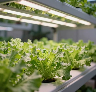 A close-up of a high-tech vertical hydroponic farm in Malaysia. Lush green vegetables grow under specialized pale seafoam green and soft white LED lights. The composition is clean and modern, showcasing advanced agricultural technology for sustainable food production.