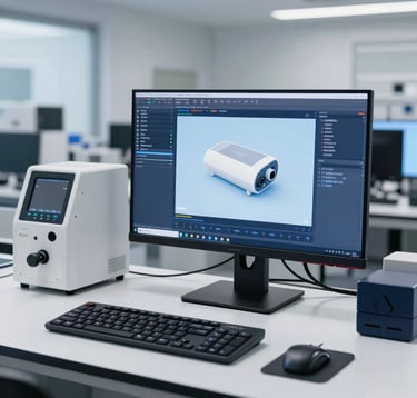 A bright, modern R&D lab in Southeast Asia. A high-performance computer monitor displays 3D product modeling software. On the desk are precision instruments and a sleek prototype, with a color palette of deep navy blue and pale sky white reflecting a clean tech environment.