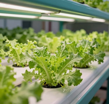 A close-up photograph of a vibrant, indoor vertical hydroponic farming system in a Malaysian facility. Bright green leafy vegetables grow under clean white LED lighting. The setup features seafoam green and light blue pipes, emphasizing advanced agricultural technology and sustainable fisheries innovation.