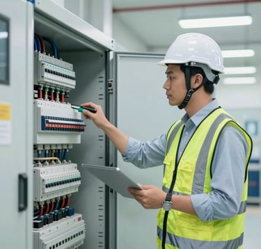 A professional Southeast Asian engineer in a safety vest and helmet inspecting a complex electrical switchgear system in a modern commercial building, bright and clean industrial lighting.
